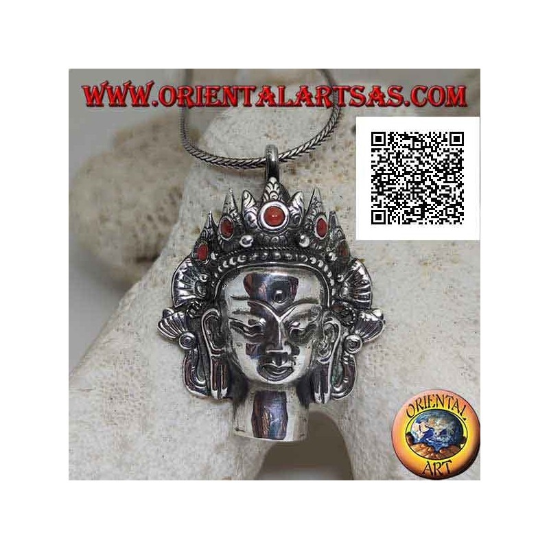 Pendentif en argent, tête de Bouddha thaïlandais avec couronne de corail naturel