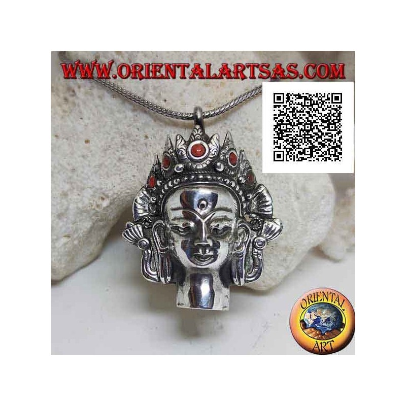 Ciondolo in argento, testa di Buddha thailandese con corona di coralli naturali