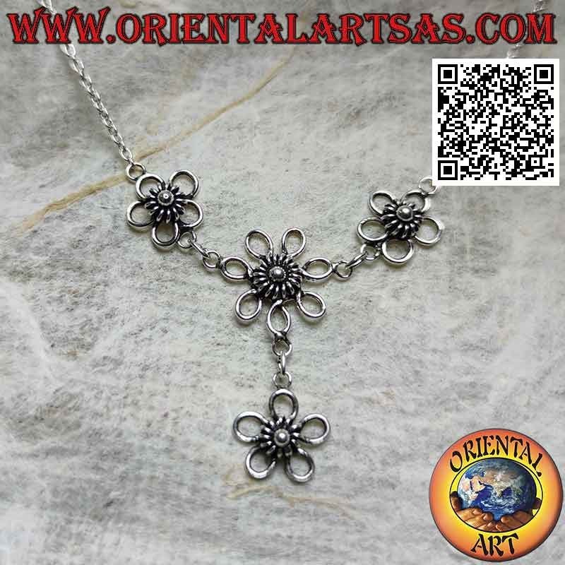 Collier en argent 925 avec chaîne tour de cou avec 4 fleurs centrales