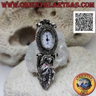 Reloj de cuarzo con correa de dragón de plata 925 ‰ con ojos de rubí y tachonado de marcasita
