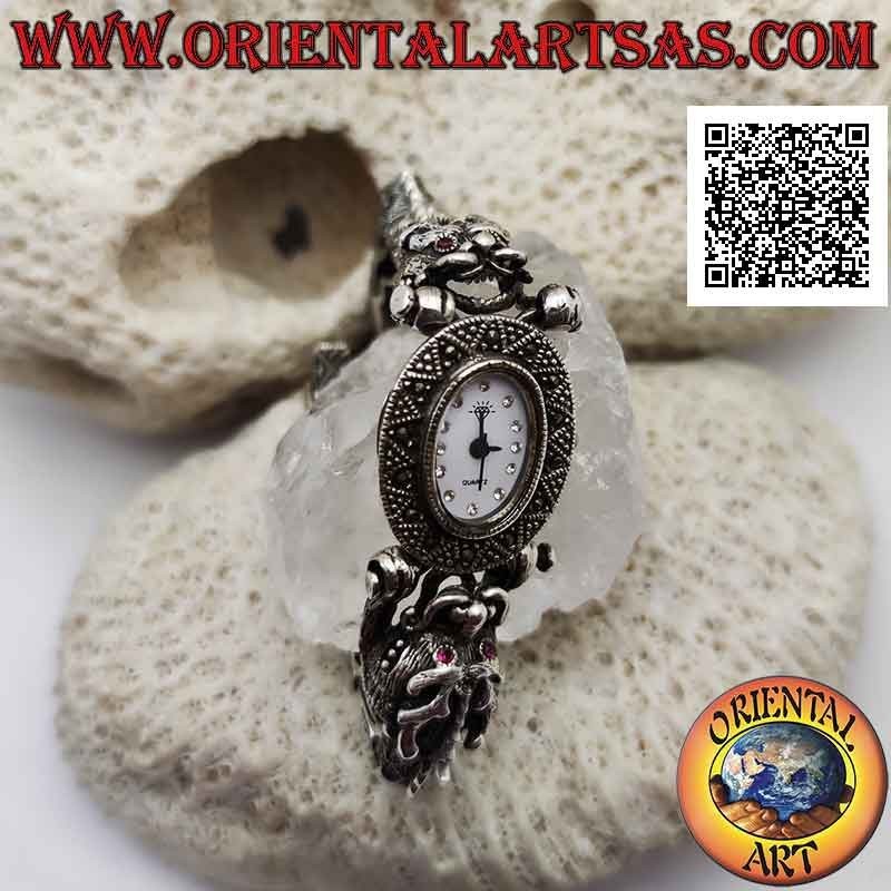 Reloj de cuarzo con correa de dragón de plata 925 ‰ con ojos de rubí y tachonado de marcasita