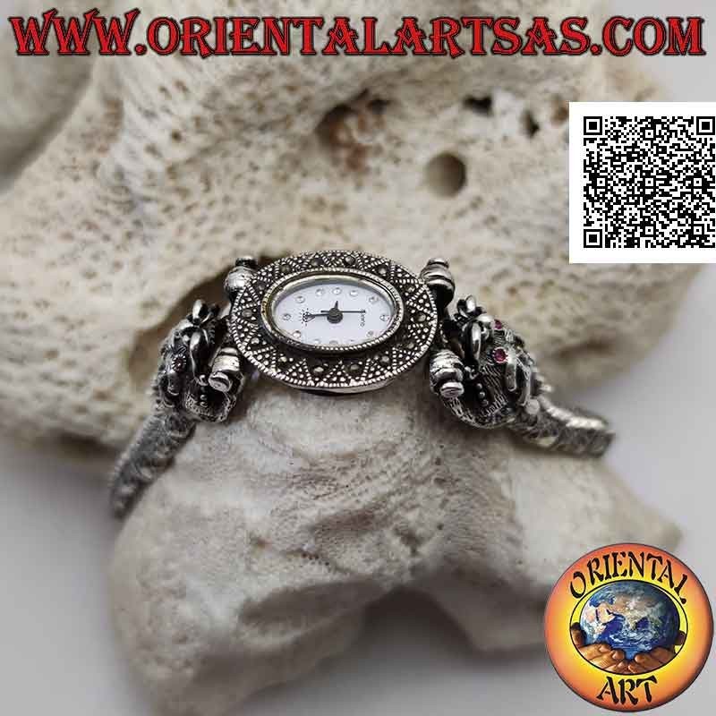 Reloj de cuarzo con correa de dragón de plata 925 ‰ con ojos de rubí y tachonado de marcasita