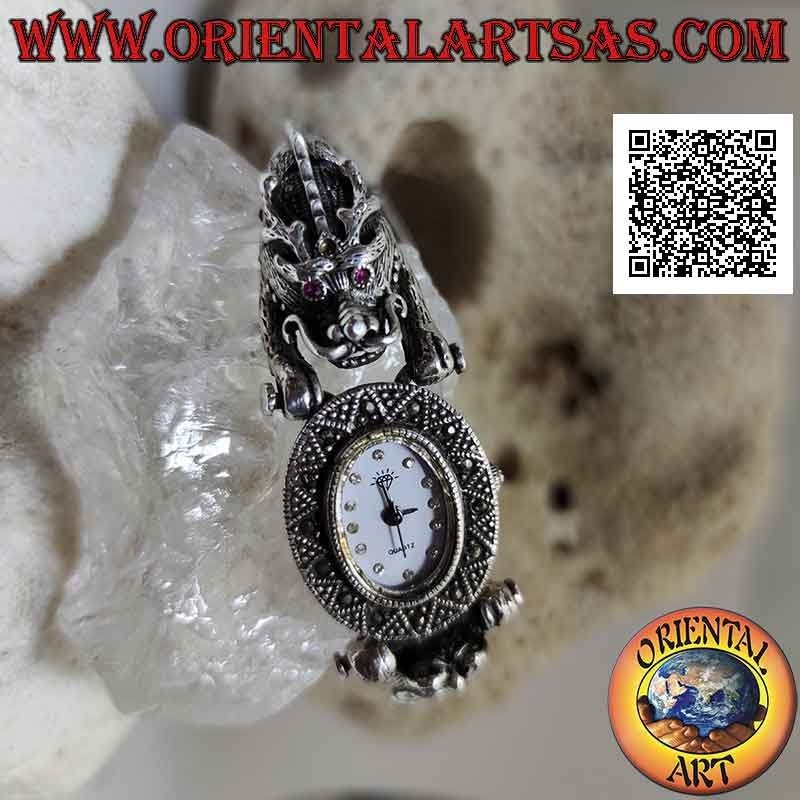 Orologio al quarzo in argento 925‰ cinturino di draghi con occhi di rubini e tempestato di marcasite