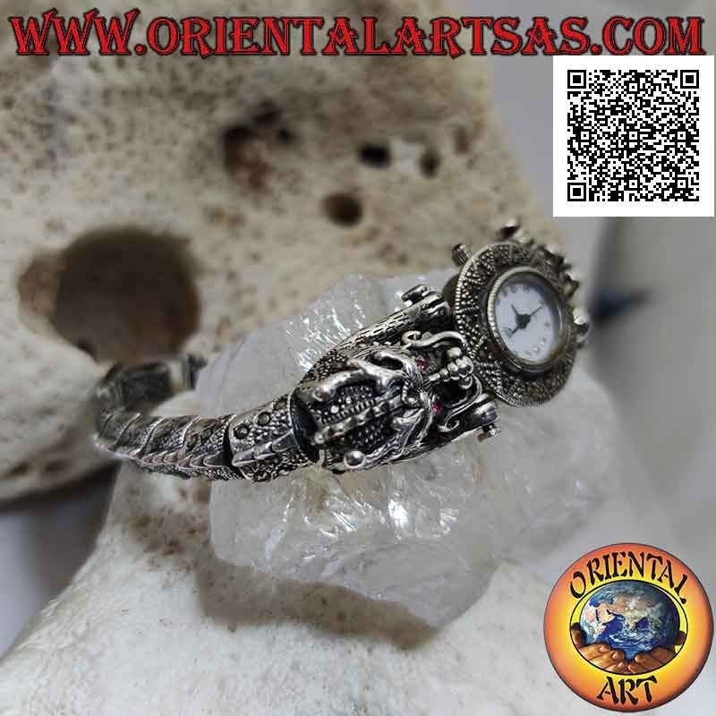 Reloj de cuarzo con correa de dragón de plata 925 ‰ con ojos de rubí y tachonado de marcasita