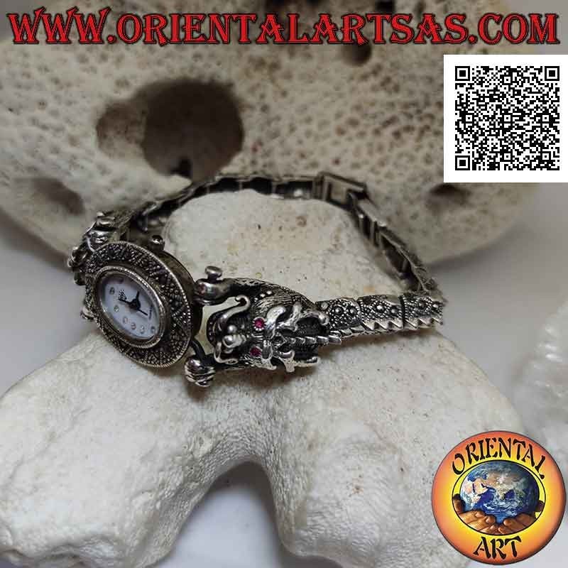 Orologio al quarzo in argento 925‰ cinturino di draghi con occhi di rubini e tempestato di marcasite