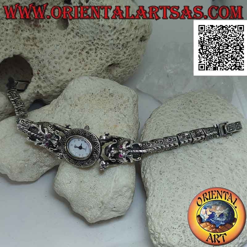 Montre à quartz en argent 925 ‰ bracelet de dragons aux yeux rubis et clouté de marcassite