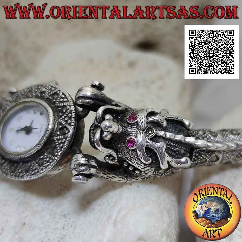 Reloj de cuarzo con correa de dragón de plata 925 ‰ con ojos de rubí y tachonado de marcasita