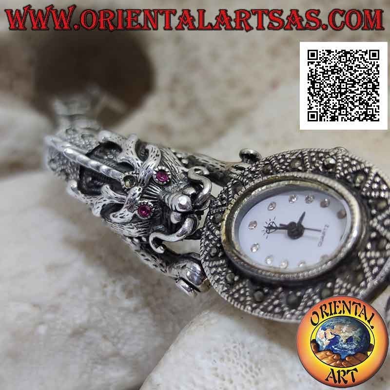 Quarzuhr aus 925 ‰ silbernem Drachenarmband mit rubinroten Augen und mit Markasit besetzt