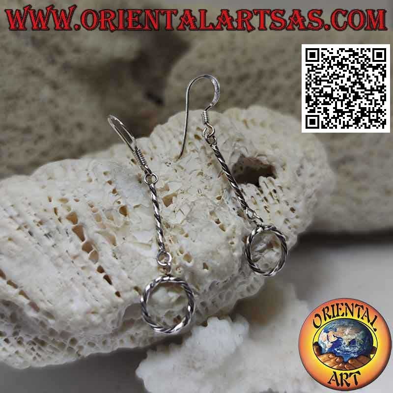 Silver leverback earrings with hanging thread and twisted circle