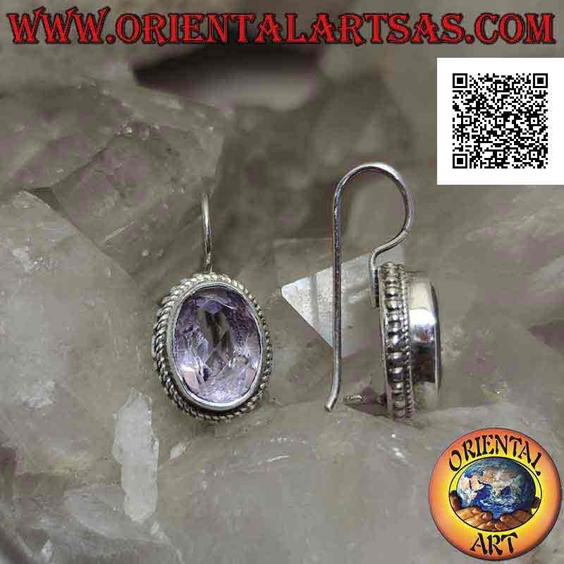 Silver earrings with natural oval faceted clear amethyst surrounded by weaving