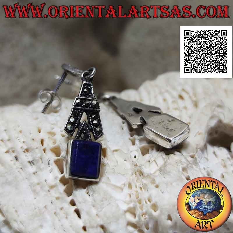 Orecchini in argento da lobo con lapislazzulo rettangolare e "A" tempestata di marcassite sopra