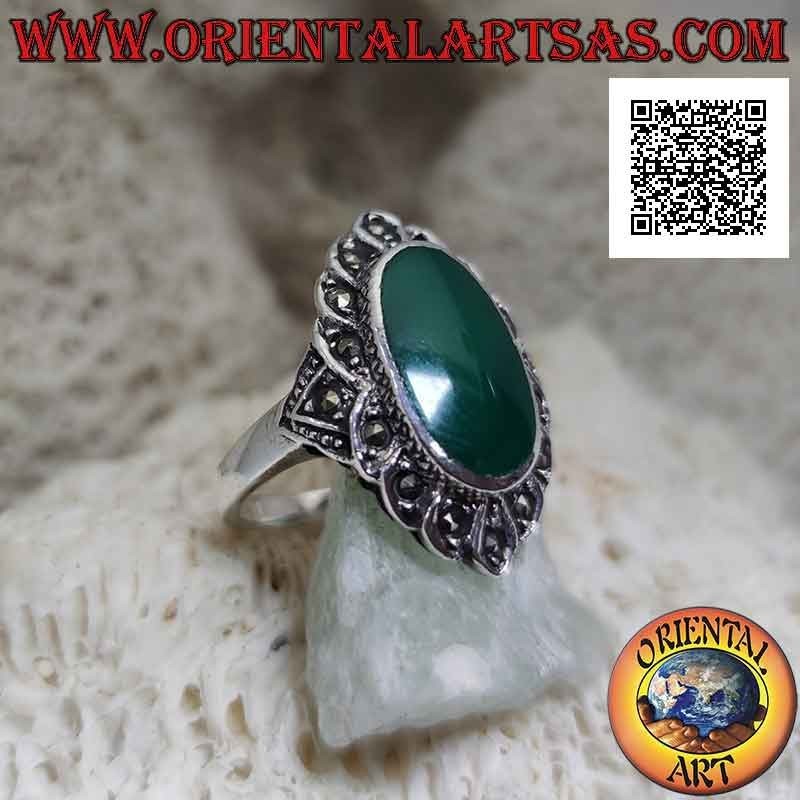 Silver ring with oval green agate surrounded by ovals with central marcasite