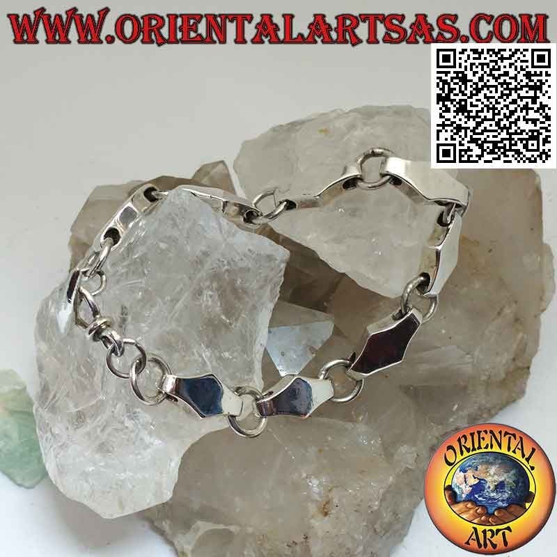 Silver bracelet with three-dimensional rhombus chain and smooth alternating rings