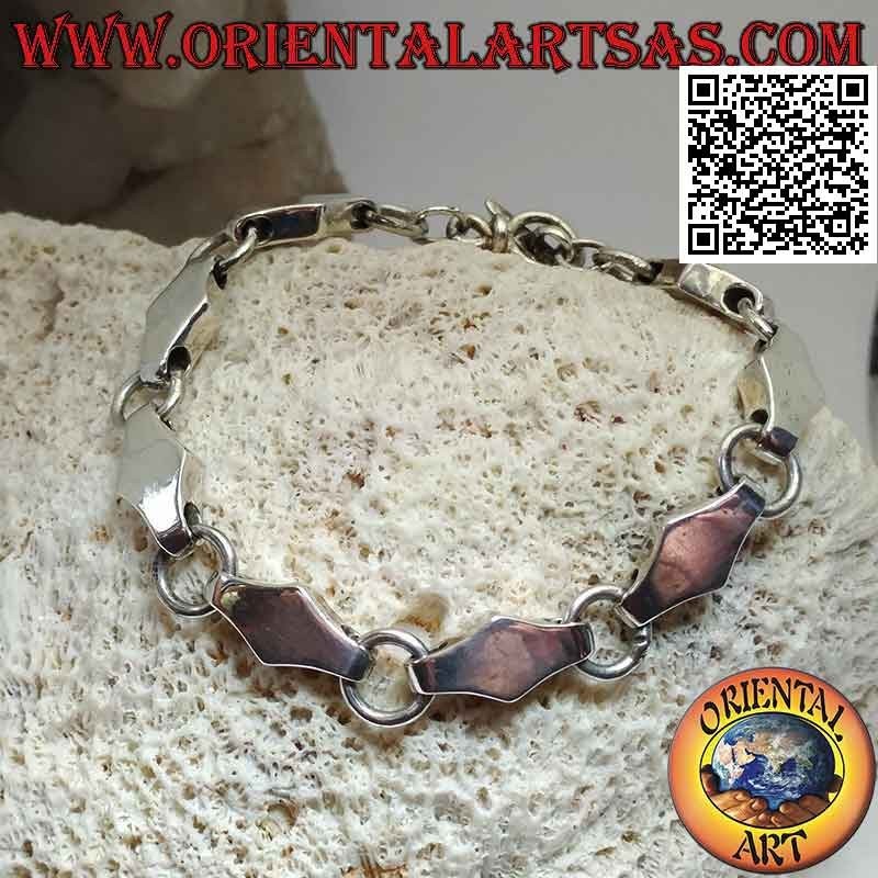 Silver bracelet with three-dimensional rhombus chain and smooth alternating rings