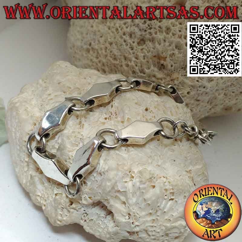 Silver bracelet with three-dimensional rhombus chain and smooth alternating rings