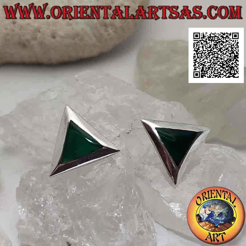 Silver earrings with clip closure with triangular green agate with smooth edge (without hole)