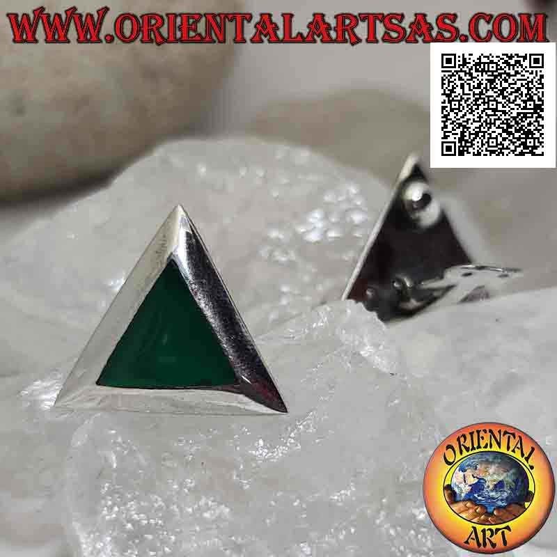 Orecchini in argento a chiusura a clip con agata verde triangolare a filo bordo liscio (senza buco)