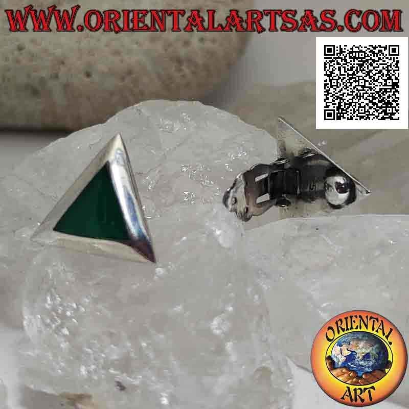 Silver earrings with clip closure with triangular green agate with smooth edge (without hole)
