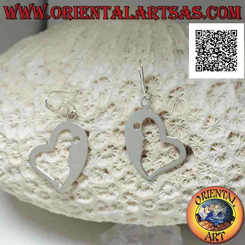 Heart-shaped silver hook earrings with crescent on one side