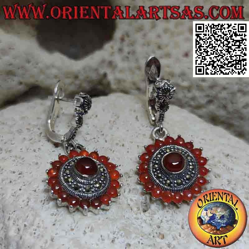 Round silver earrings with 18 + 1 round carnelians and marcasites