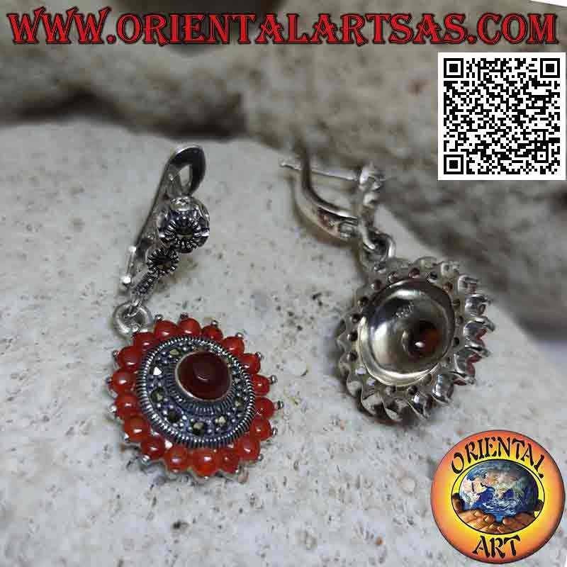 Round silver earrings with 18 + 1 round carnelians and marcasites