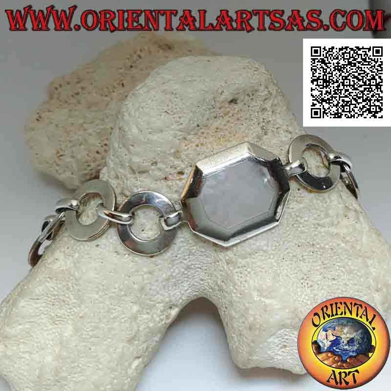 Pulsera de cadena de plata con anillas redondas planas con nácar octogonal con borde liso