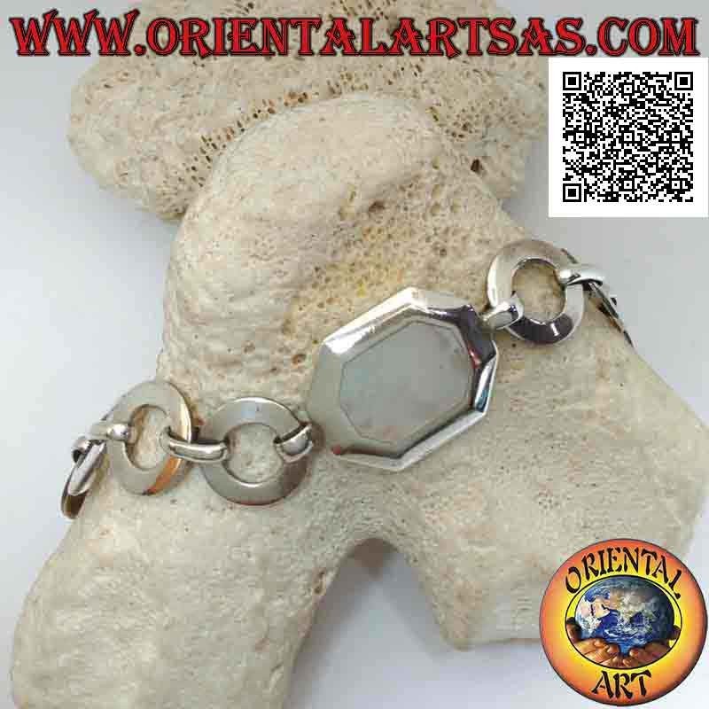 Bracelet chaîne en argent avec anneaux ronds plats avec nacre octogonale avec bord lisse