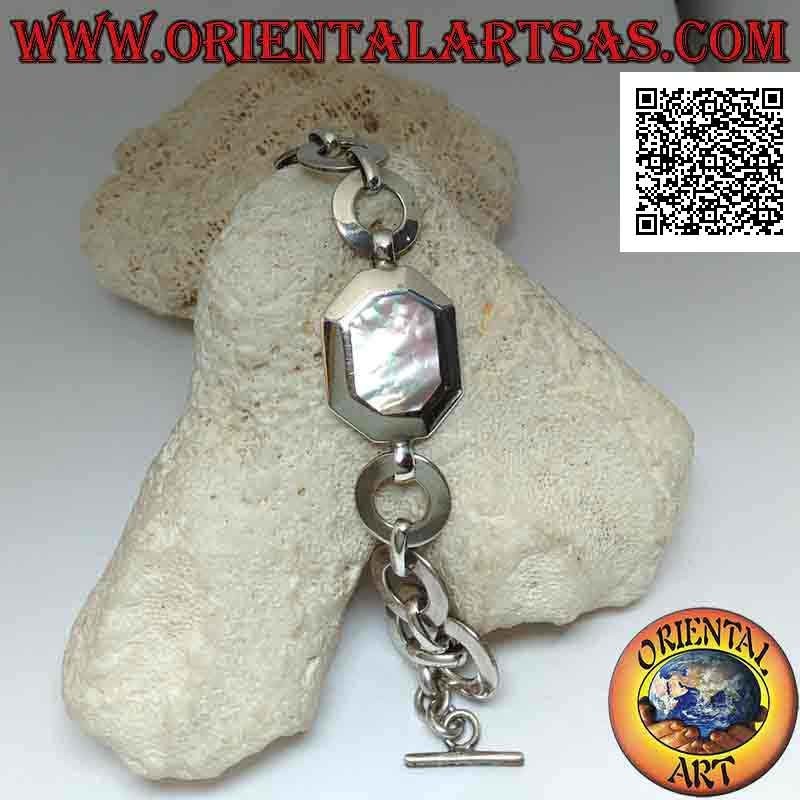 Pulsera de cadena de plata con anillas redondas planas con nácar octogonal con borde liso