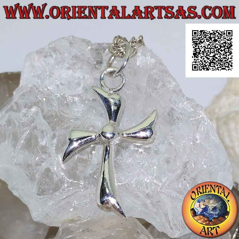 Silver pendant, Latin cross leaves in circular motion with central sphere