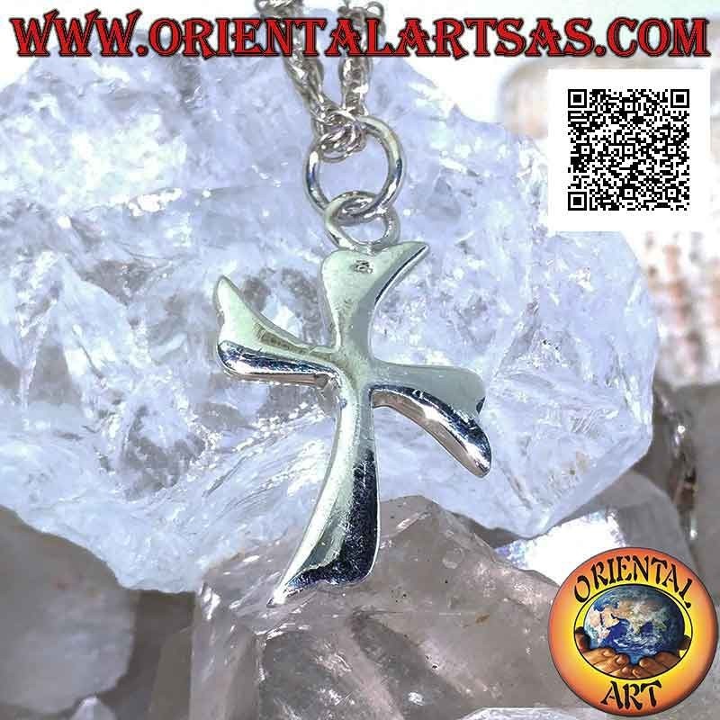 Pendentif en argent, croix latine feuilles en mouvement circulaire avec sphère centrale