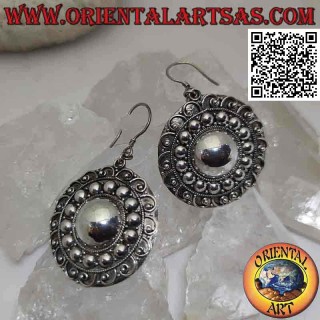 Pendant earrings in silver, ethnic rosette with handmade circular motif