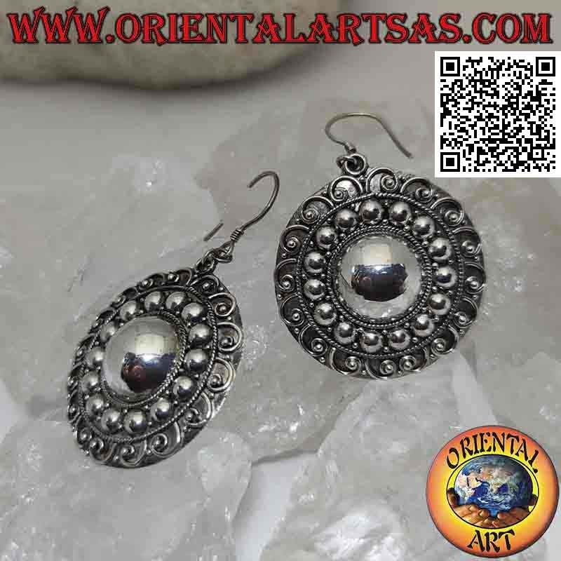 Boucles d'oreilles pendantes en argent, rosace ethnique avec motif circulaire fait main