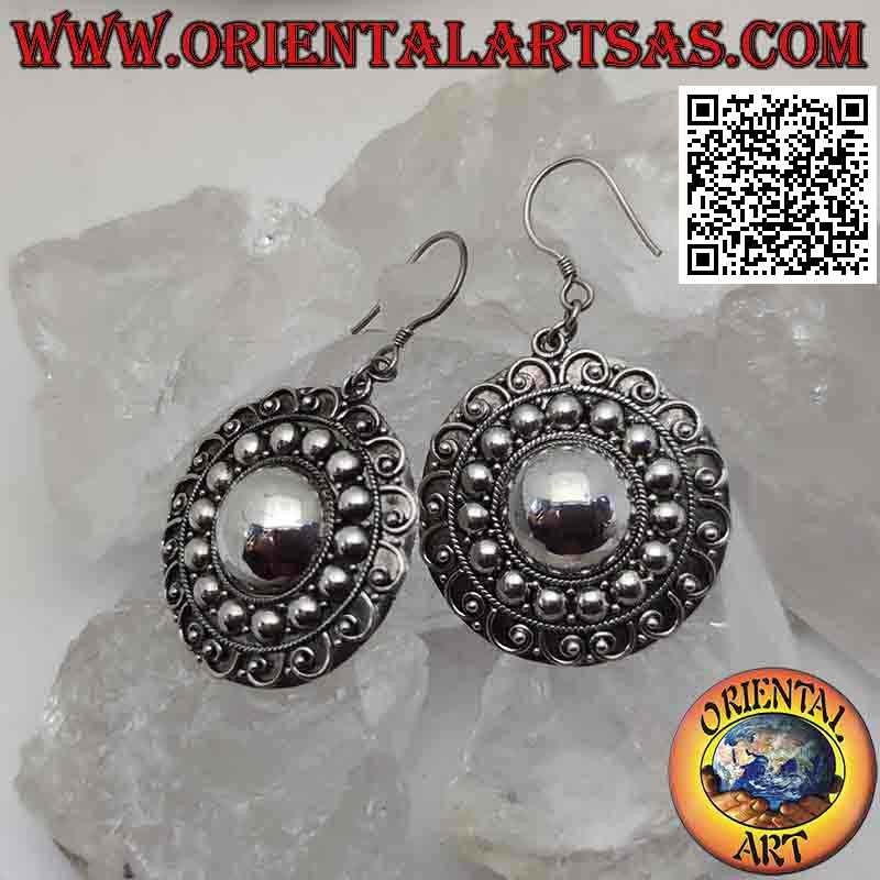 Boucles d'oreilles pendantes en argent, rosace ethnique avec motif circulaire fait main