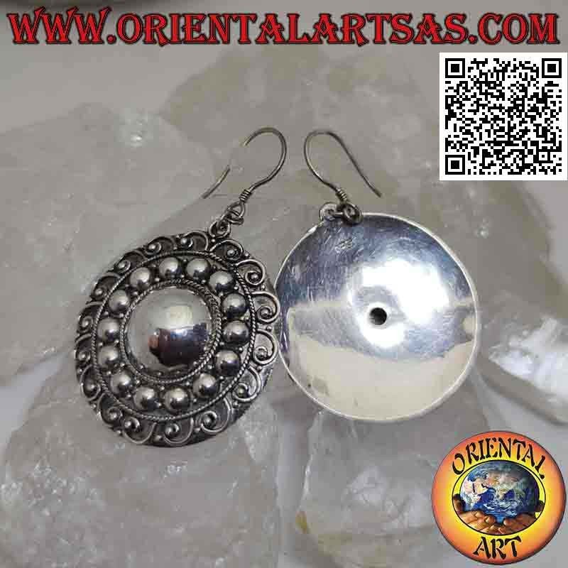 Pendant earrings in silver, ethnic rosette with handmade circular motif