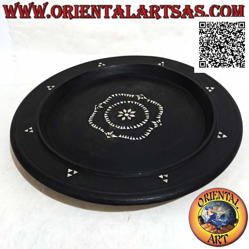 Plateau de service Lombok rond en bois d'acajou et incrustations de nacre bombées 35 cm ø