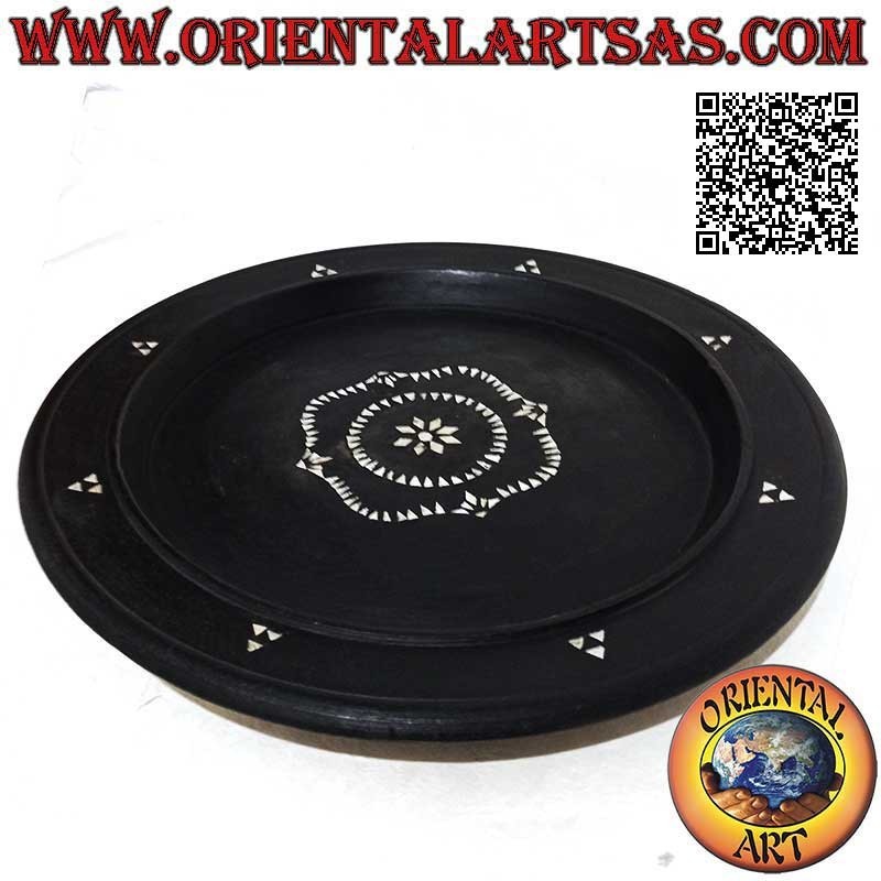 Plateau de service Lombok rond en bois d'acajou et incrustations de nacre bombées 35 cm ø