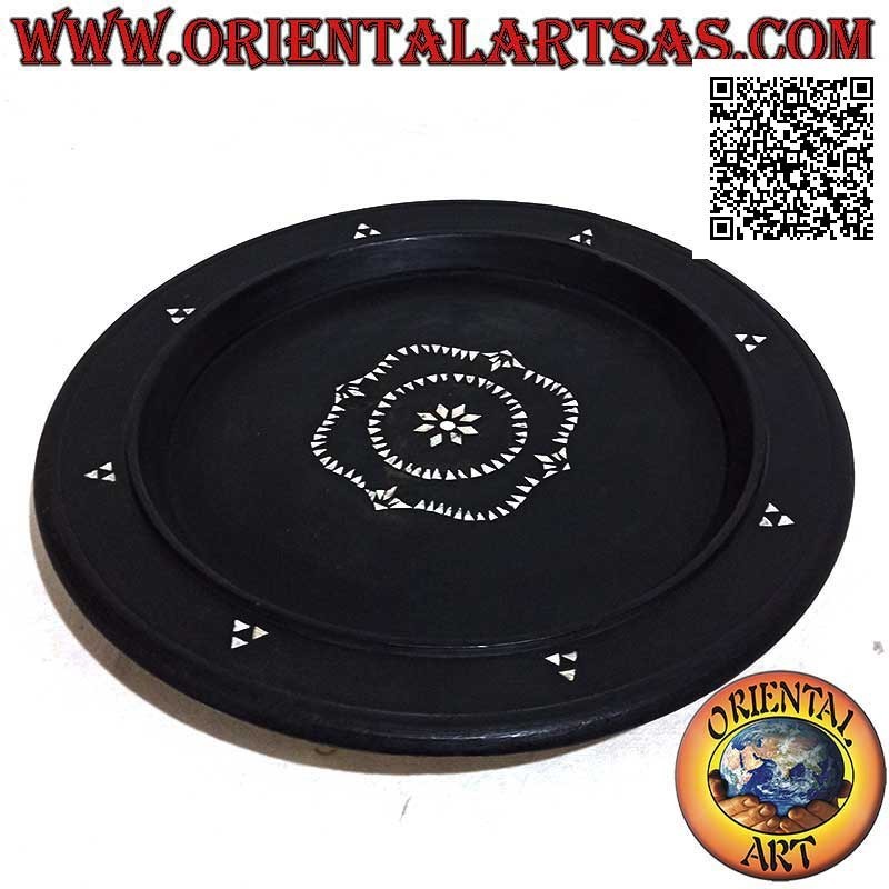 Lombok rundes Tablett Valet Tablett aus Mahagoniholz ​​und gebogenen Perlmutt-Inlays 35 cm ø