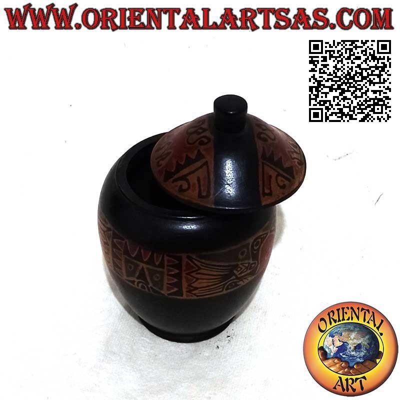 Hand-painted elongated round jewelry box in Lombok mahogany wood (black, large)