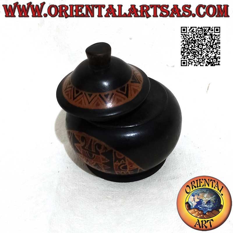 Joyero redondo con decoraciones tribales pintadas a mano en madera de caoba de Lombok (negro, pequeño)