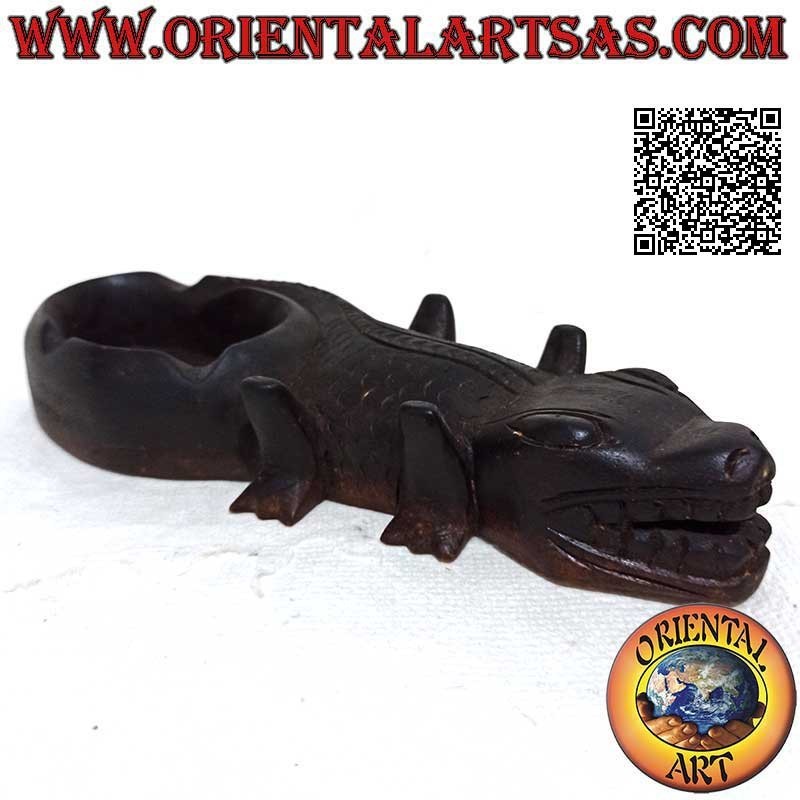 Aschenbecher in Form eines Reptils (Komodo-Drache) aus dunklem Mahagoniholz ​​(Tasse links)