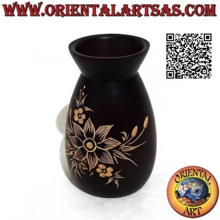 Flower vase in mahogany wood with large 15 cm hand engraved flower