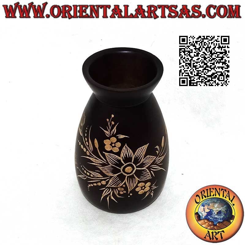 Vaso portafiori in legno di mogano con grande fiore inciso a mano da 15 cm
