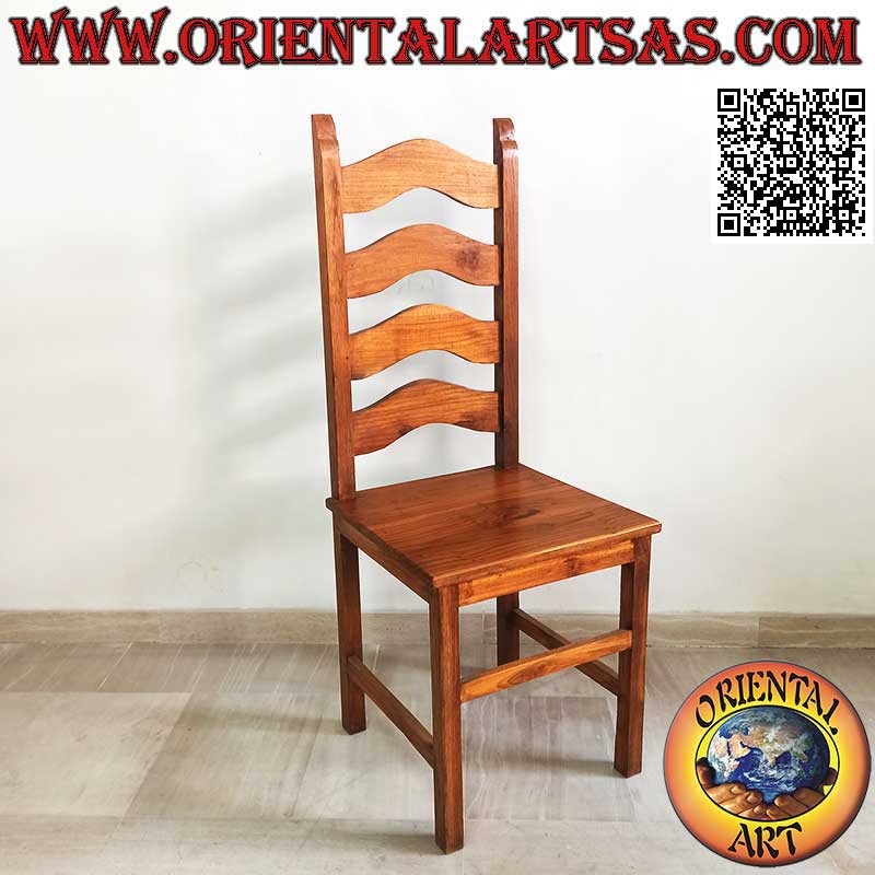 Handcrafted solid teak wood chair with imperial style high back and curved slats.