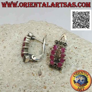 Silver earrings, openwork rectangle of 8 set round rubies and marcasite (lever lock)