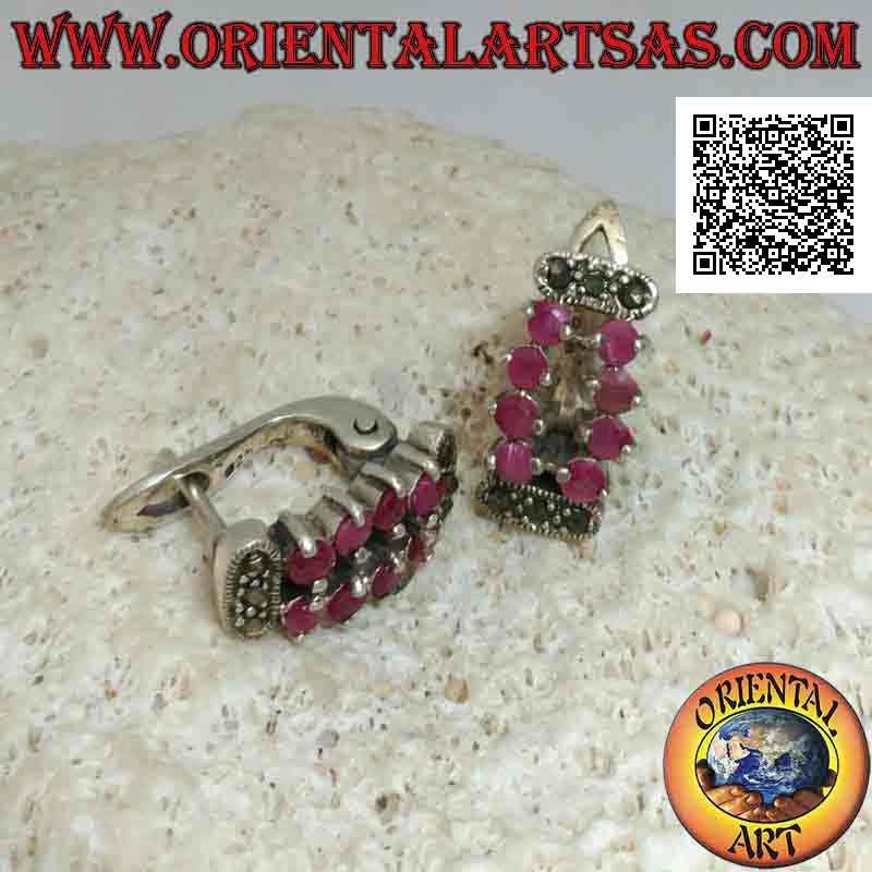 Silver earrings, openwork rectangle of 8 set round rubies and marcasite (lever lock)