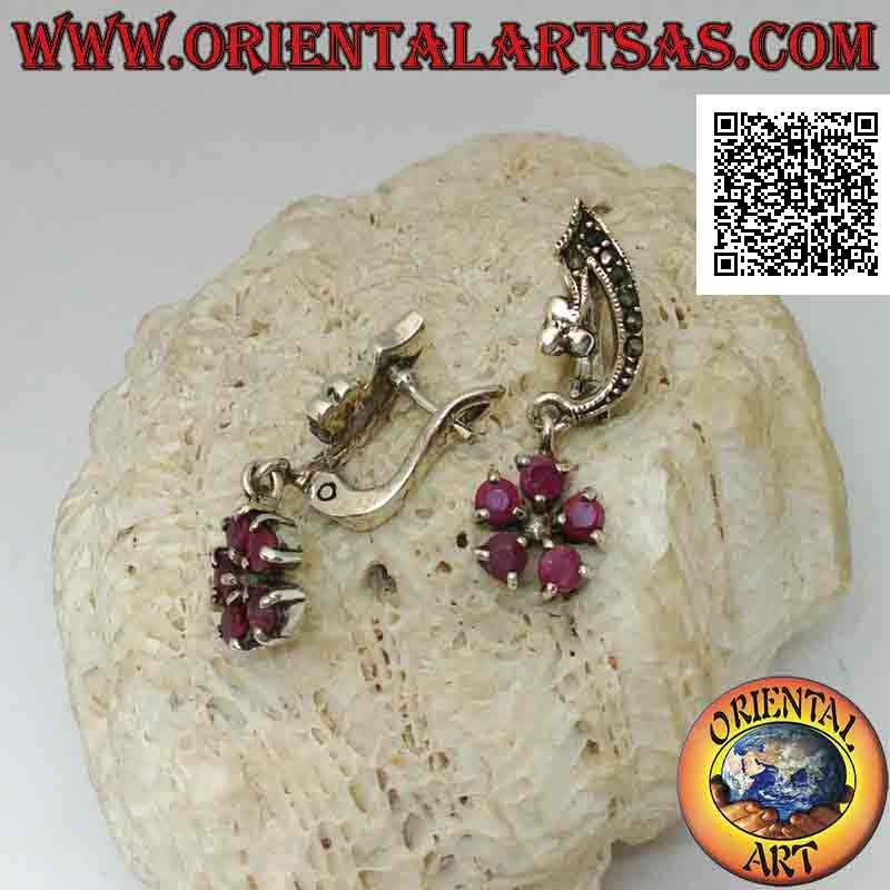 Silver earrings, bow with marcasite and lever closure and pendant flower of 5 natural round rubies