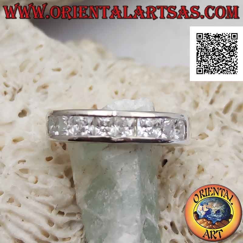 Smooth band silver ring with two humps and a row of white zircons on the front