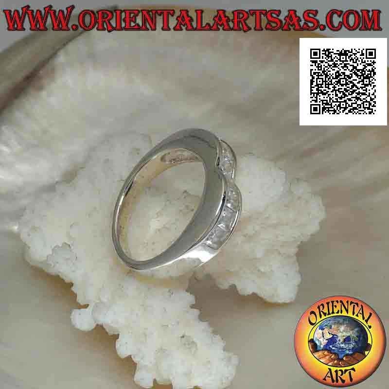 Smooth band silver ring with two humps and a row of white zircons on the front