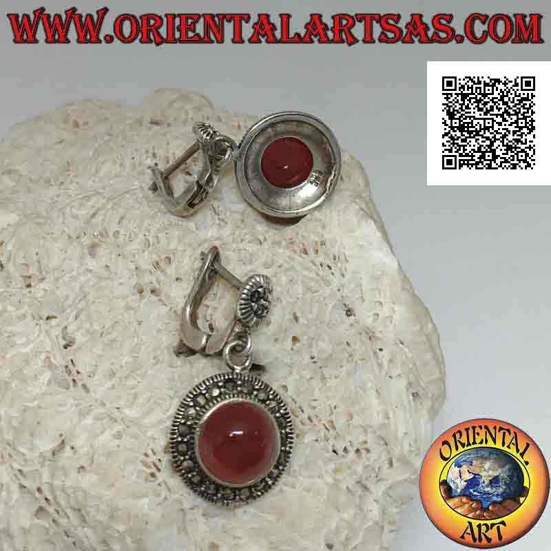 Silver earrings with round cabochon carnelian surrounded by marcasite (lever clasp)