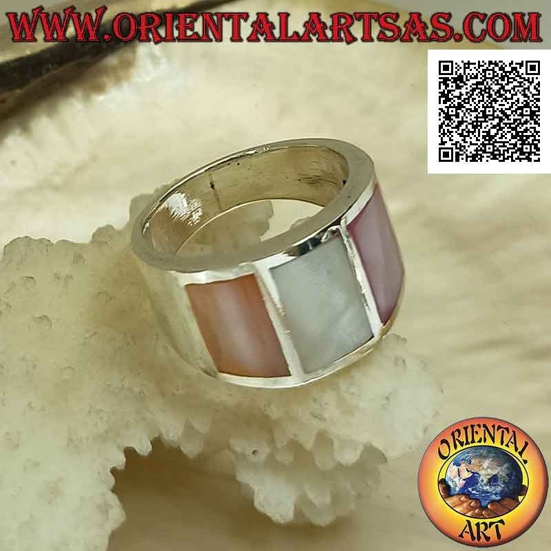 Silver ring with smooth band with three multicolour mother-of-pearl set flush (3)